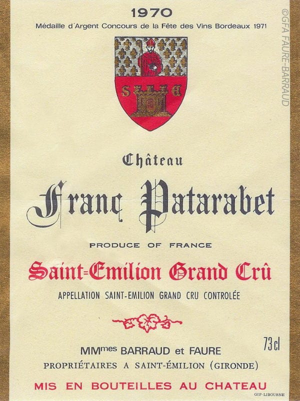 Étiquette du château Franc Patarabet en 1970